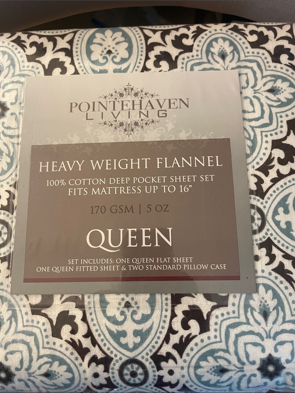 POINTHAVEN Queen FLANNEL NEW Heavy Weight Sheet Set  BLUE/GRAY 16” Deep NEW